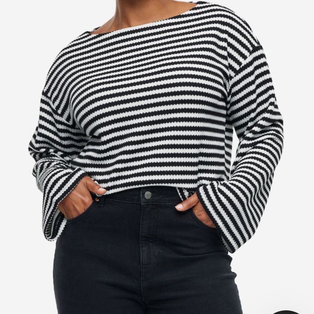 H&M Striped Knit Sweater XXL Black White Boat Neck Wide Sleeve Textured Pullover